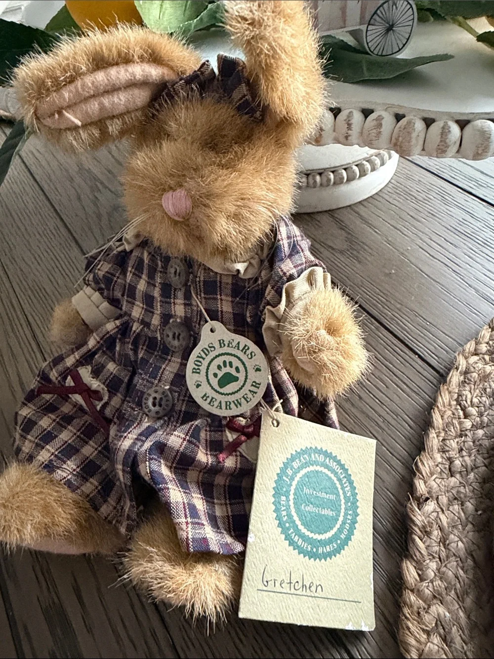 Boyds Bears Brown Plush Bunny in Plaid Dress